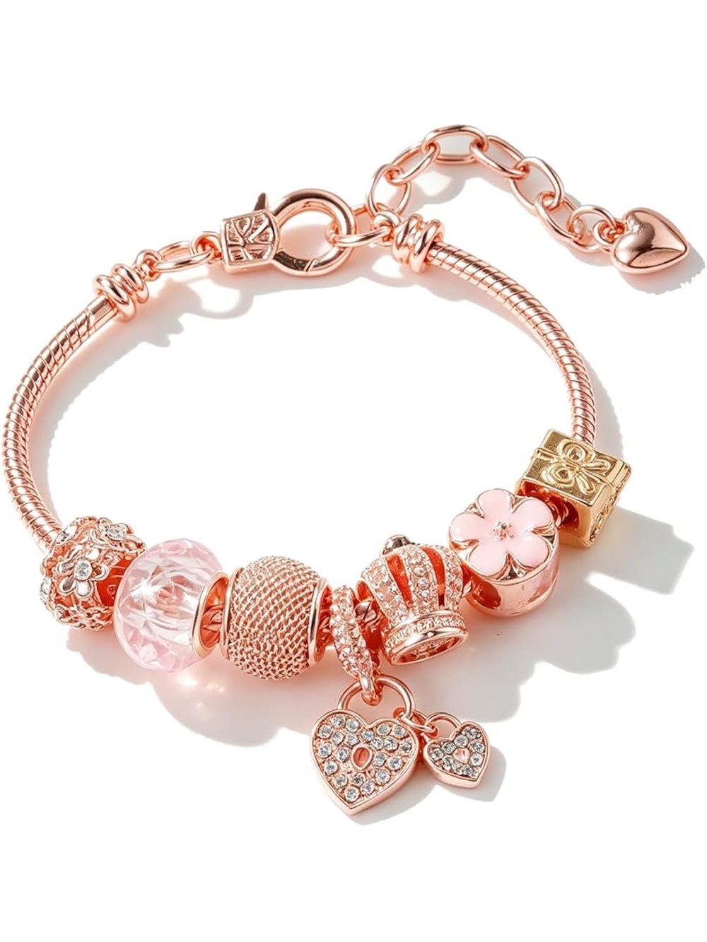 Anthropologie Rose Gold and Pink Charm Bracelet with Heart Pendants